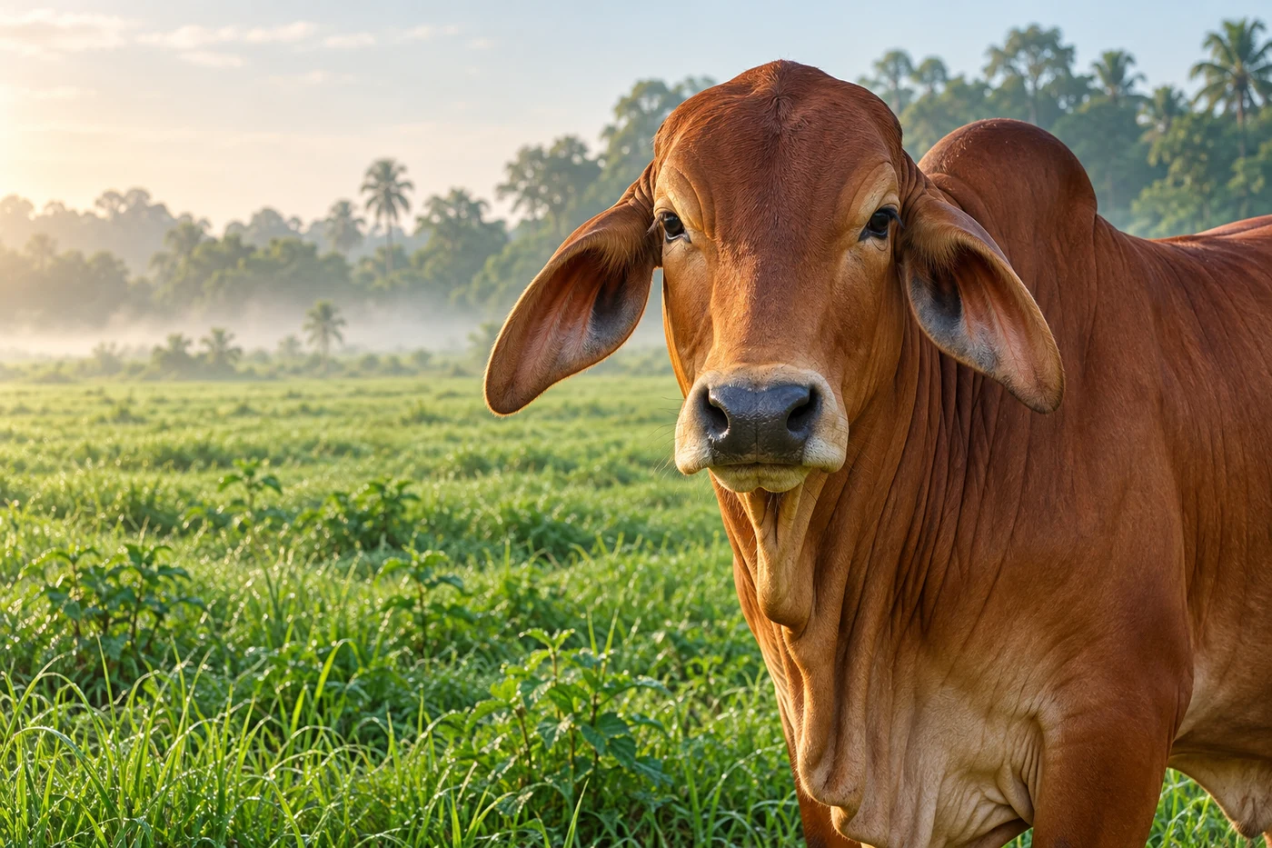 Illustrative image of a healthy cow in green pasture