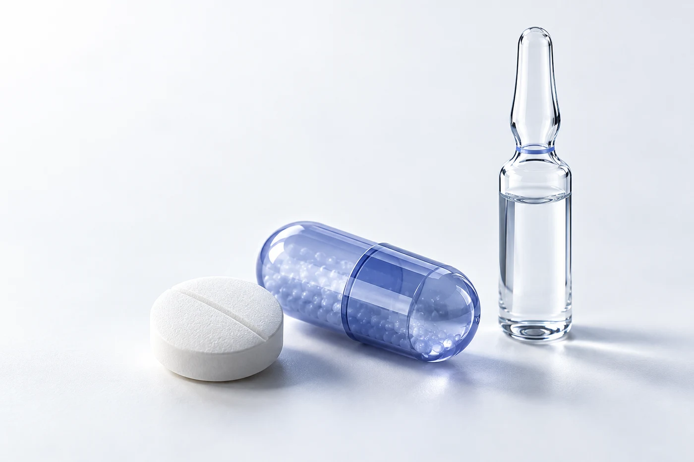 Illustrative still life of a tablet, capsule and glass ampoule